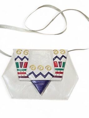Vintage 80’s White Geometric Multicolor Margaret Jerrold Leather Shoulder Bag